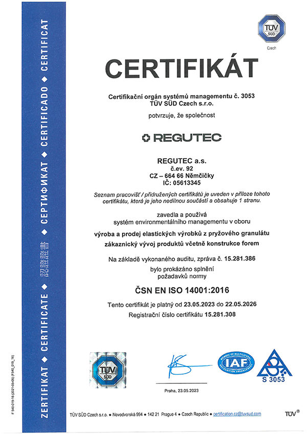 Certifikát ČSN EN ISO 14001 – REGUTEC a.s.