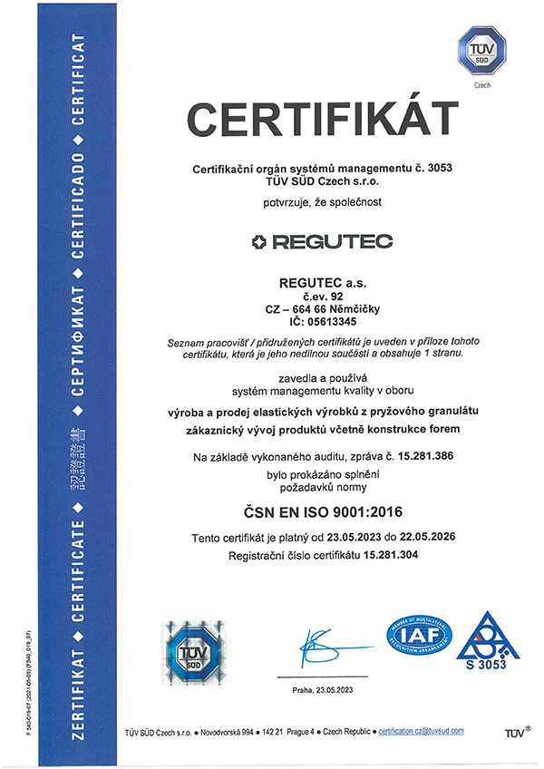Certifikát ČSN EN ISO 9001 – REGUTEC a.s.